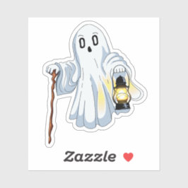 Cute Spooky Ghost with Lantern and Wooden Cane  シール