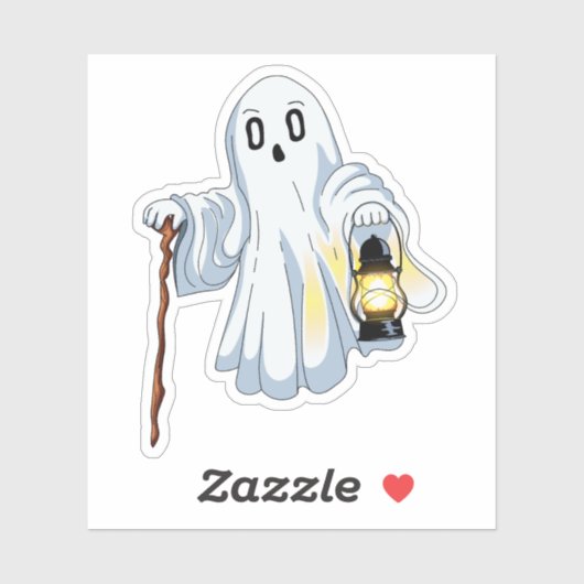 Cute Spooky Ghost with Lantern and Wooden Cane  シール (シート)