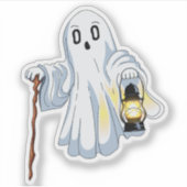 Cute Spooky Ghost with Lantern and Wooden Cane  シール (正面)