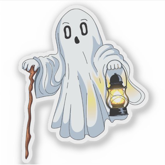 Cute Spooky Ghost with Lantern and Wooden Cane  シール (正面)