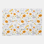 Cute Spooky Halloween Candy and Pumpkins Seamless キッチンタオル (横)
