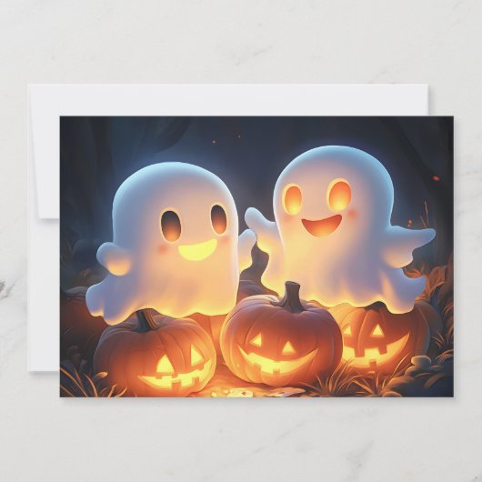 Cute Spooky Halloween Cartoon Ghosts Glowing Pumpk シーズンカード (正面)