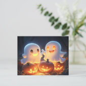 Cute Spooky Halloween Cartoon Ghosts Glowing Pumpk シーズンポストカード (スタンド正面)