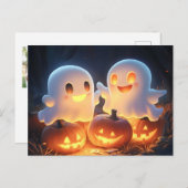 Cute Spooky Halloween Cartoon Ghosts Glowing Pumpk シーズンポストカード (正面/裏面)
