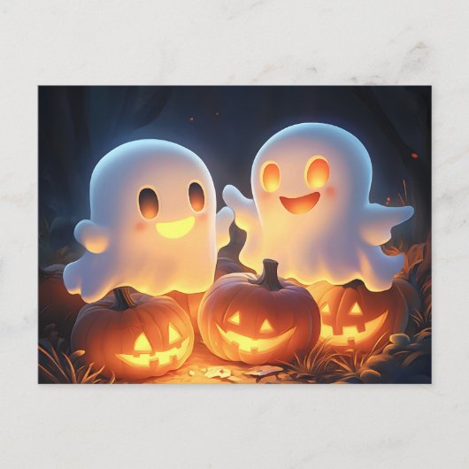 Cute Spooky Halloween Cartoon Ghosts Glowing Pumpk シーズンポストカード (正面)