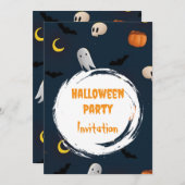 Cute Spooky Halloween Party Invitation Dark Blue  (正面/裏面)