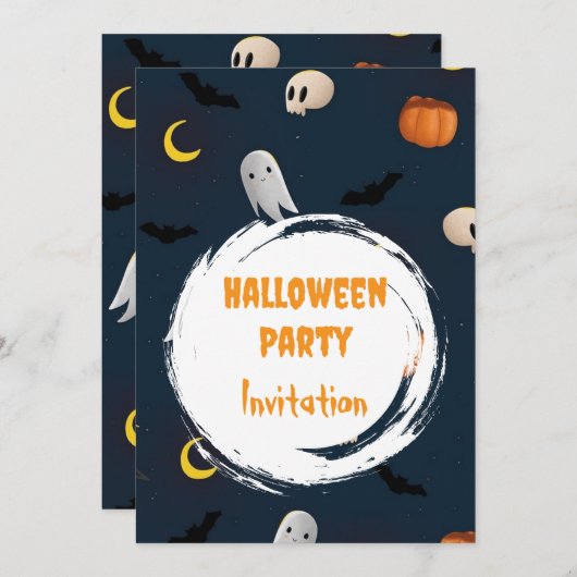 Cute Spooky Halloween Party Invitation Dark Blue (正面/裏面)