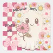 Cute Spooky Pink Daisy Halloween Party Invitation スクエアシール (正面)