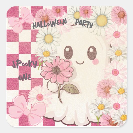 Cute Spooky Pink Daisy Halloween Party Invitation スクエアシール (正面)