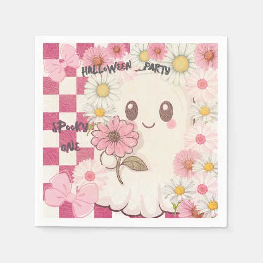 Cute Spooky Pink Daisy Halloween Party Invitation スタンダードカクテルナプキン (正面)