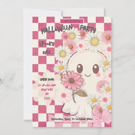 Cute Spooky Pink Daisy Halloween Party Invitation 招待状 (正面)