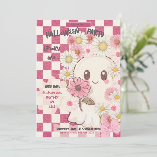 Cute Spooky Pink Daisy Halloween Party Invitation 招待状 (スタンド正面)
