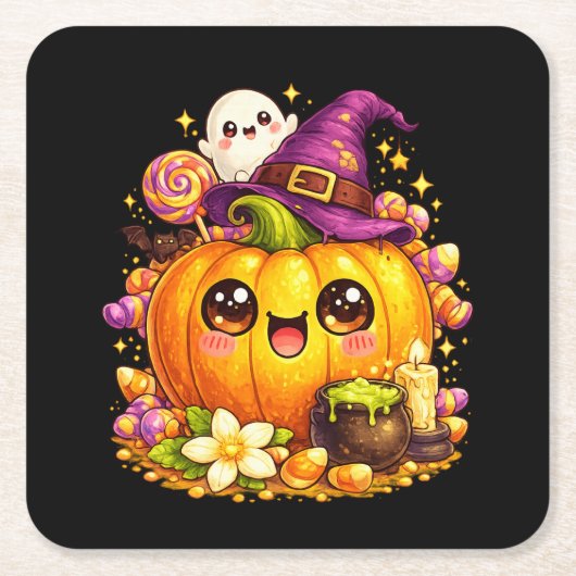 Cute Spooky Pumpkin Halloween Kawaii Coasters スクエアペーパーコースター (正面)