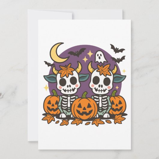 Cute Spooky Skeleton Cows with Pumpkins Invitation 招待状 (正面)