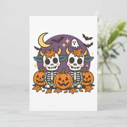 Cute Spooky Skeleton Cows with Pumpkins Invitation 招待状 (スタンド正面)