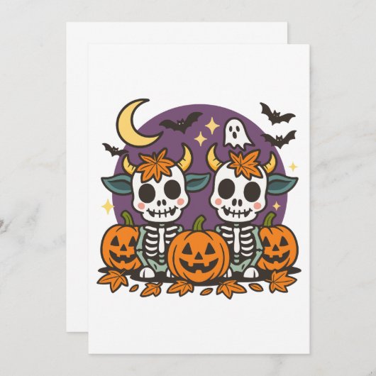 Cute Spooky Skeleton Cows with Pumpkins Invitation 招待状 (正面/裏面)