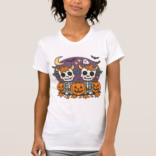 Cute Spooky Skeleton Cows with Pumpkins T-Shirt Tシャツ (正面)