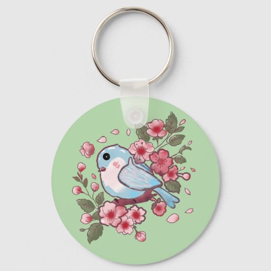 Cute Spring Bluebird & Cherry Blossom Watercolor A キーホルダー (正面)
