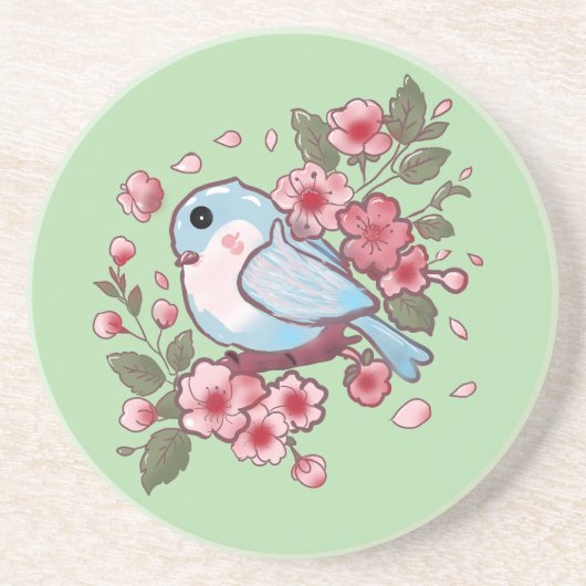 Cute Spring Bluebird & Cherry Blossom Watercolor A コースター (正面)