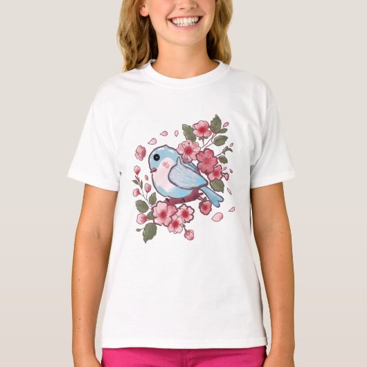 Cute Spring Bluebird & Cherry Blossom Watercolor A Tシャツ (正面)