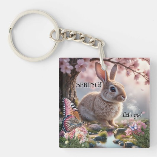 Cute Spring Bunny Butterfly Nature キーホルダー (正面)