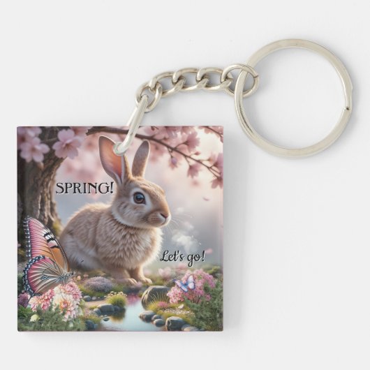 Cute Spring Bunny Butterfly Nature キーホルダー (裏面)