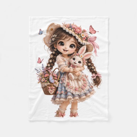 Cute Spring Girl with Bunny Blanket フリースブランケット (正面)