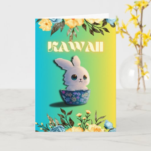 cute spring rabbit with flowers for easter カード (黄色い花)