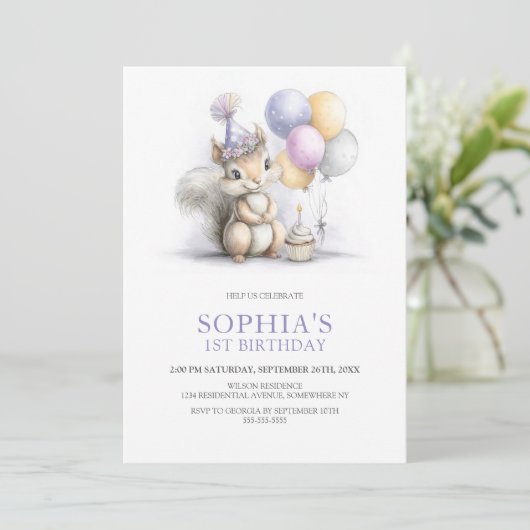 Cute Squirrel 1st Birthday Party 招待状 (スタンド正面)