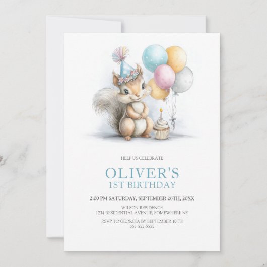 Cute Squirrel 1st Birthday Party Invitation 招待状 (正面)