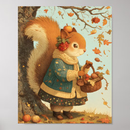 Cute Squirrel Autumn Animal Nursery Wall Art Print ポスター