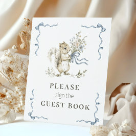 Cute Squirrel Baby Shower Guest Book Sign Blue 台座サイン