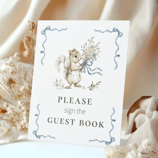 Cute Squirrel Baby Shower Guest Book Sign Blue 台座サイン