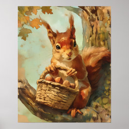 Cute Squirrel Basket Baby Room Decor ポスター