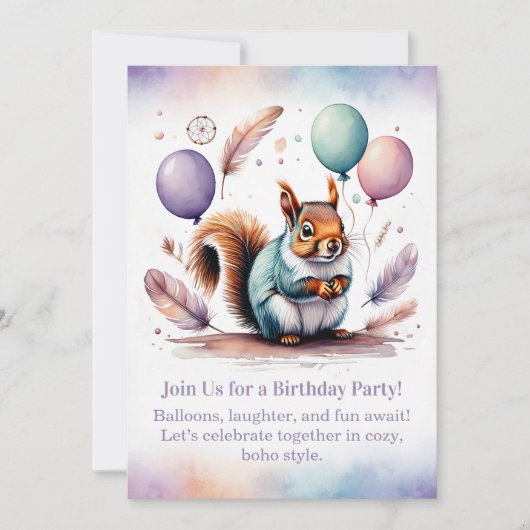Cute Squirrel Birthday Invitation Woodland Boho  招待状 (正面)