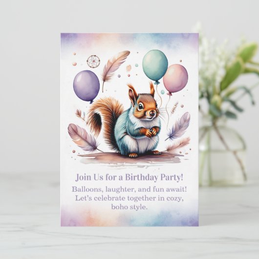 Cute Squirrel Birthday Invitation Woodland Boho 招待状 (スタンド正面)