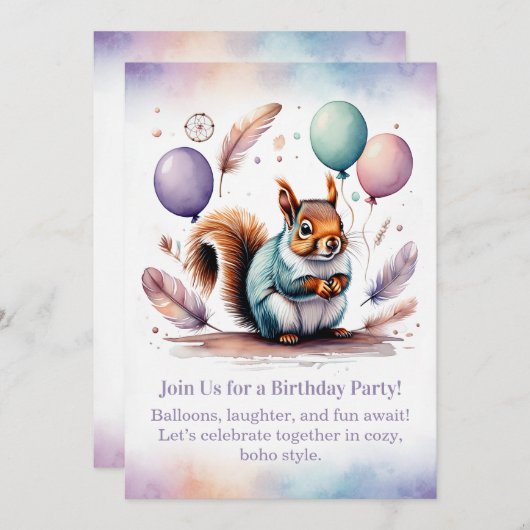 Cute Squirrel Birthday Invitation Woodland Boho  招待状 (正面/裏面)