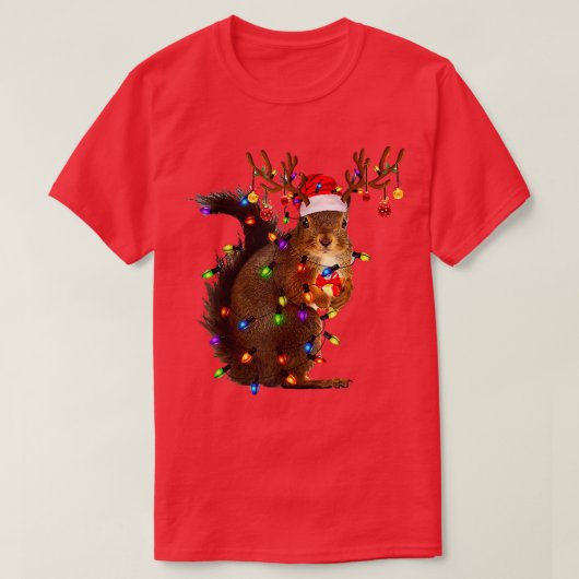 Cute Squirrel Santa Hat Christmas Lights Happy Hol Tシャツ (デザイン正面)