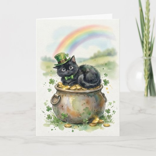 Cute St. Patrick's Day Black Cat Pot of Gold カード (正面)
