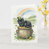 Cute St. Patrick's Day Black Cat Pot of Gold カード (黄色い花)