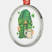 Cute St Patricks Day Gnome Drinking Coffee メタルオーナメント (左)