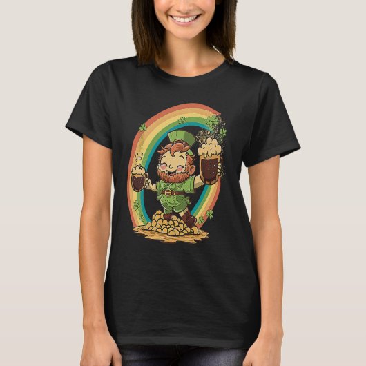 Cute St Patricks Day Rainbow and Leprechaun Holdin Tシャツ (正面)