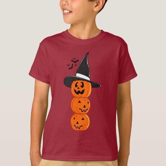 Cute Stacked Pumpkin Witch Halloween Kids' Shirt Tシャツ (正面)