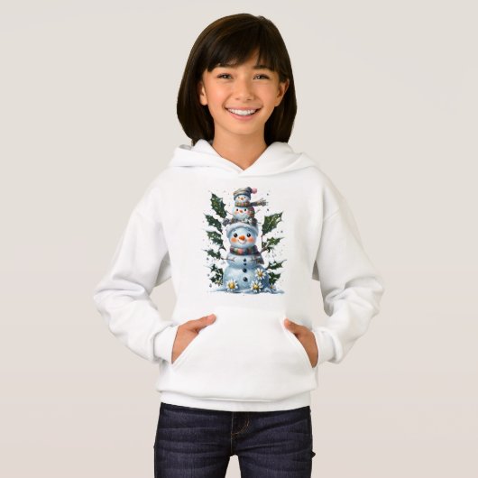 Cute Stacked Snowmen Kids Hoodie Design — Holiday (正面フル)