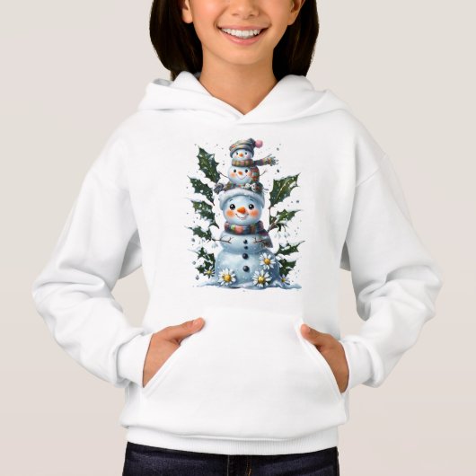 Cute Stacked Snowmen Kids Hoodie Design — Holiday  (正面)