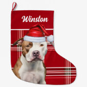 Cute Staffordshire Dog and Red Plaid Custom ラージクリスマスストッキング (正面)
