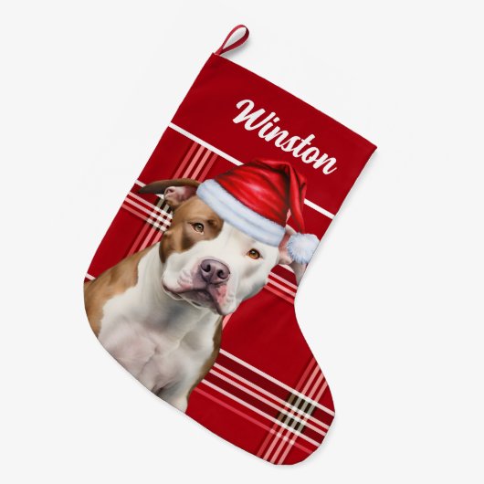 Cute Staffordshire Dog and Red Plaid Custom ラージクリスマスストッキング (正面 (吊り時))