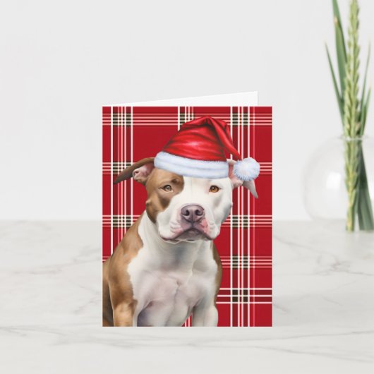 Cute Staffordshire Terrier Santa Dog Red Plaid シーズンカード (正面)