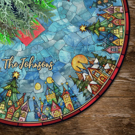 Cute stained glass houses custom christmas ブラッシュドポリエステルツリースカート