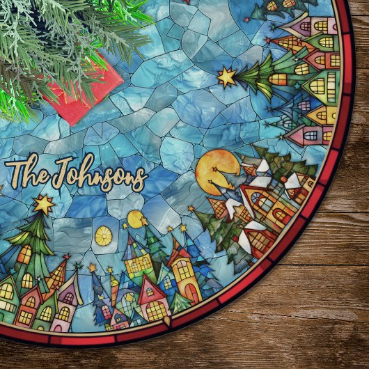 Cute stained glass houses custom christmas ブラッシュドポリエステルツリースカート